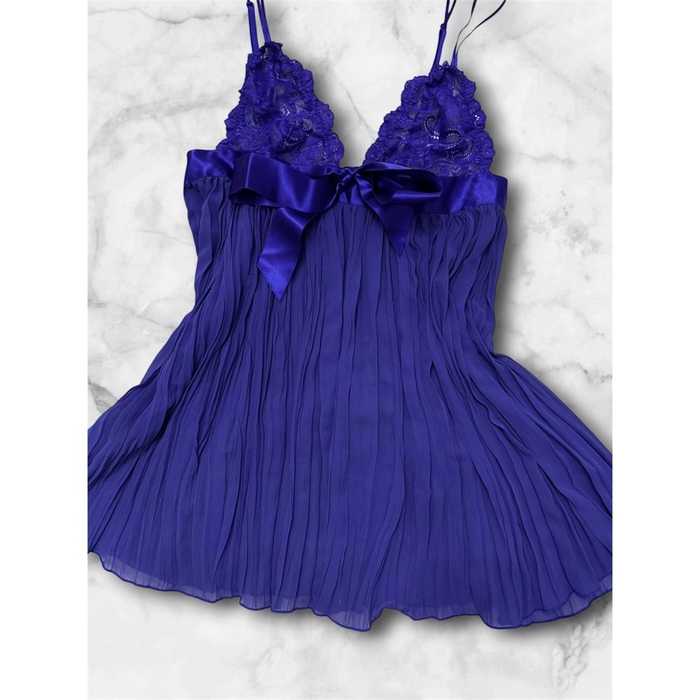 Victoria's Secret Pleated Chiffon Babydoll Lace Satin Bow Purple Nightie 5/2016